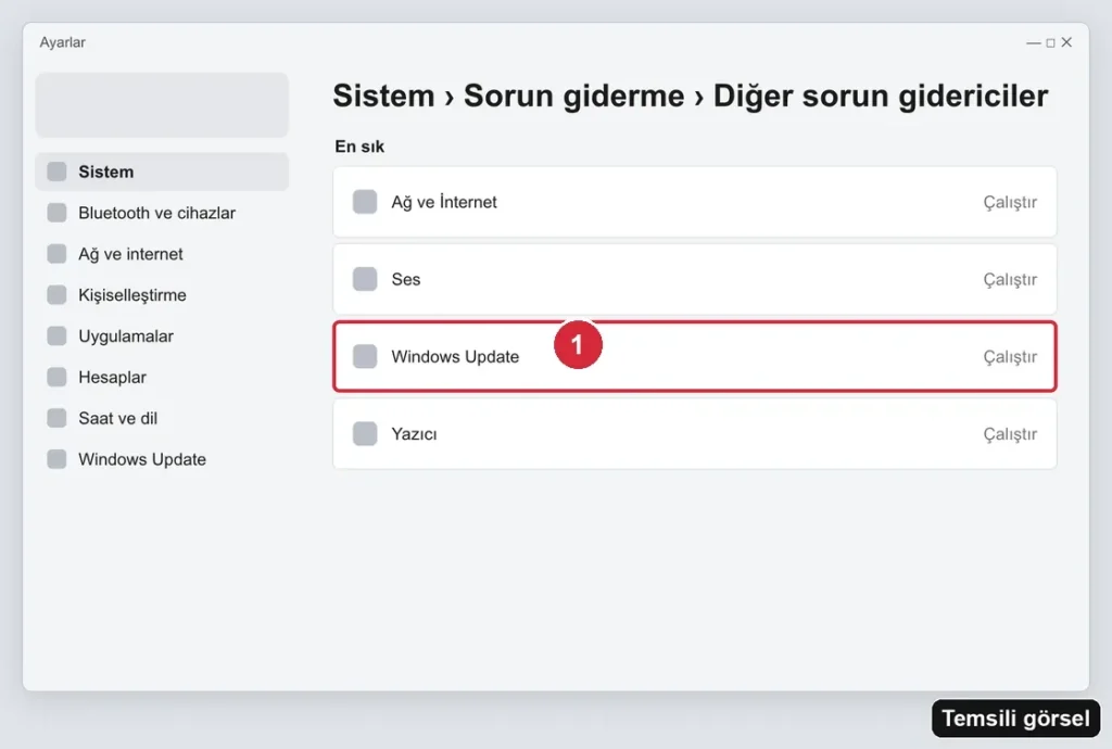 Temsili görsel (gerçek ekran görüntüsü değil): Windows Ayarlar › Sistem › Sorun giderme › Diğer sorun gidericiler ekranı; işaretli: 1. Windows Update › Çalıştır