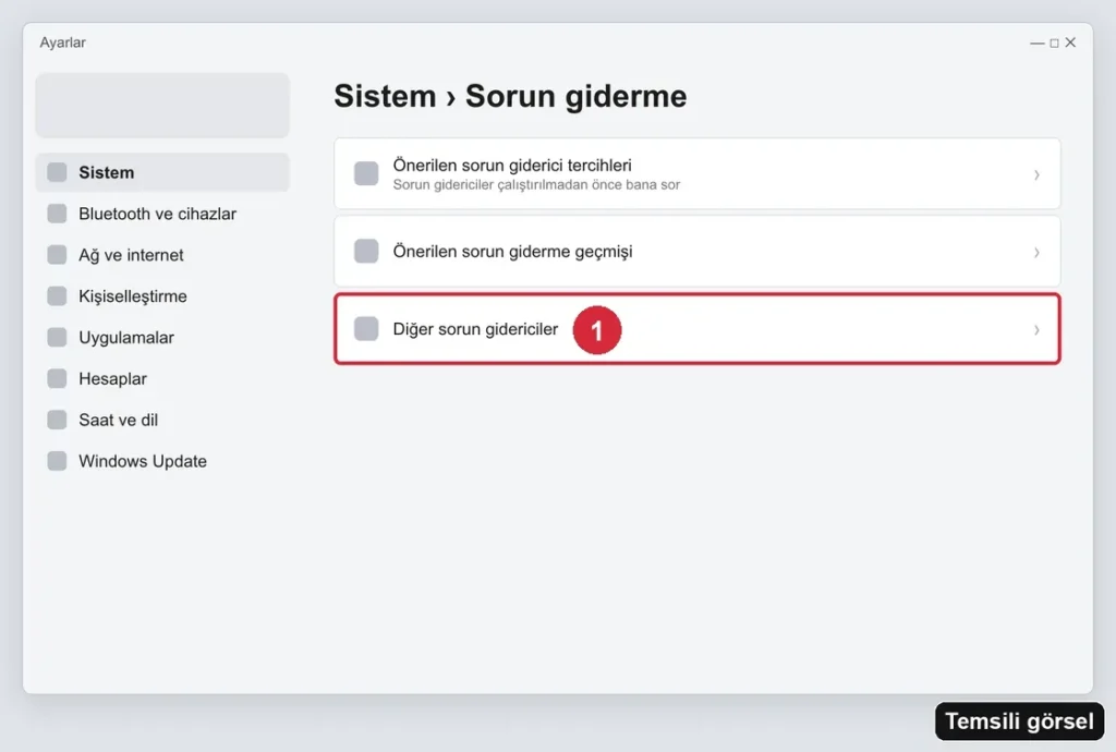 Temsili görsel (gerçek ekran görüntüsü değil): Windows Ayarlar › Sistem › Sorun giderme ekranı; işaretli: 1. Diğer sorun gidericiler