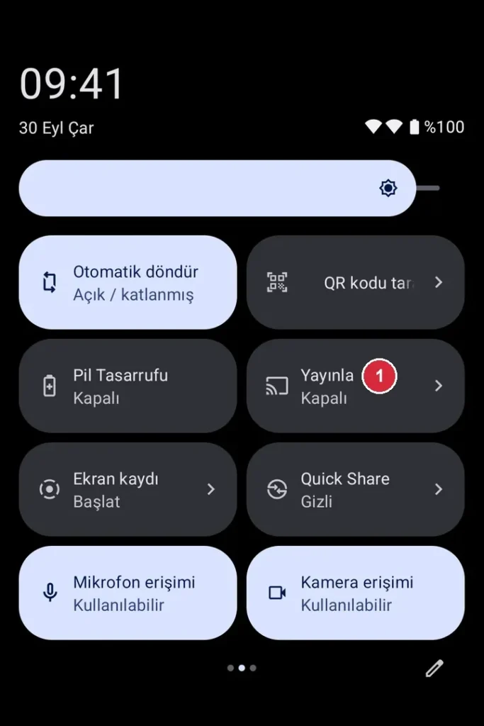 Android Hızlı Ayarlar ekranı; işaretli: 1. Yayınla (Samsung'da Smart View)