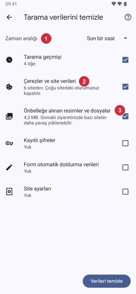 Android Chrome › Tarama verilerini temizle ekranı; işaretli: 1. Zaman aralığı, 2. Çerezler, 3. Önbellek