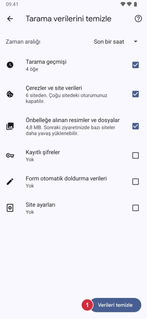 Android Chrome › Tarama verilerini temizle › Verileri temizle ekranı; işaretli: 1. Verileri temizle