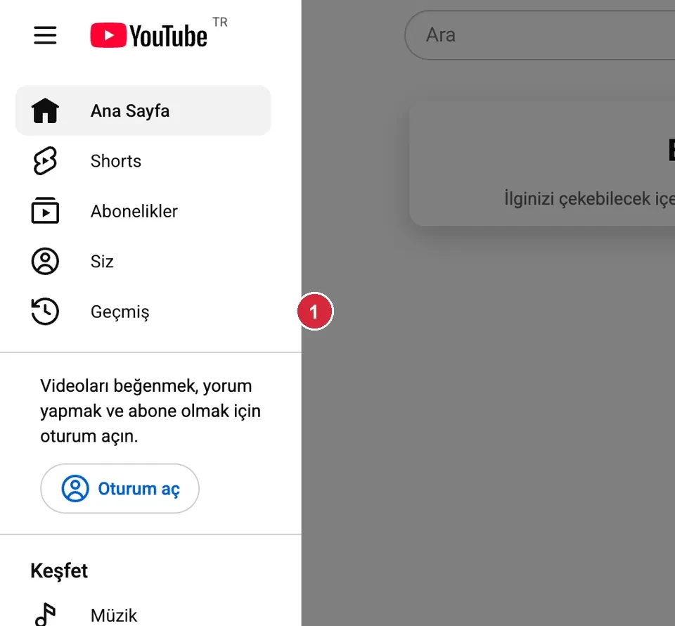 youtube.com sol kenar çubuğu açık; işaretli: 1. Geçmiş bağlantısı