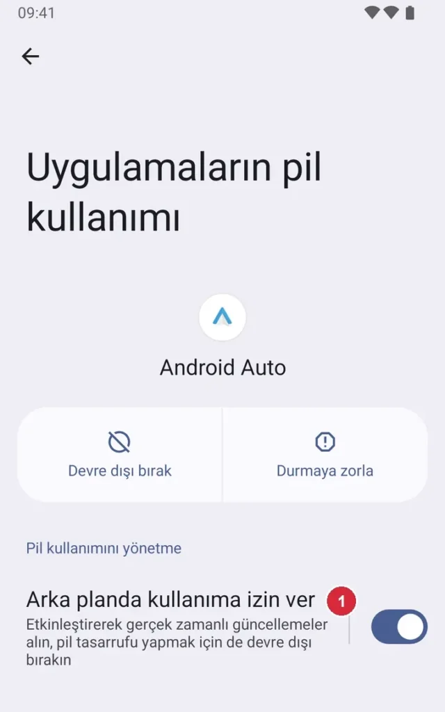 Android Ayarlar › Uygulamalar › Android Auto › Uygulamaların pil kullanımı ekranı; işaretli: 1. Kısıtlanmasın (açık)