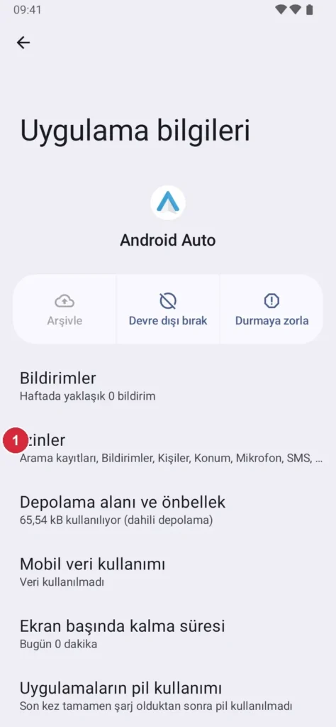Android Ayarlar › Uygulamalar › Android Auto ekranı; işaretli: 1. İzinler