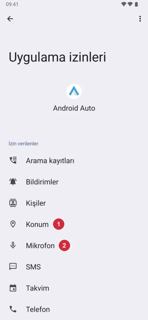 Android Ayarlar › Uygulamalar › Android Auto › İzinler ekranı; işaretli: 1. Konum, 2. Mikrofon
