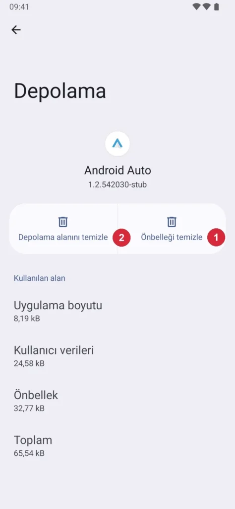 Android Ayarlar › Uygulamalar › Android Auto › Depolama alanı ve önbellek ekranı; işaretli: 1. Önbelleği temizle, 2. Verileri temizle
