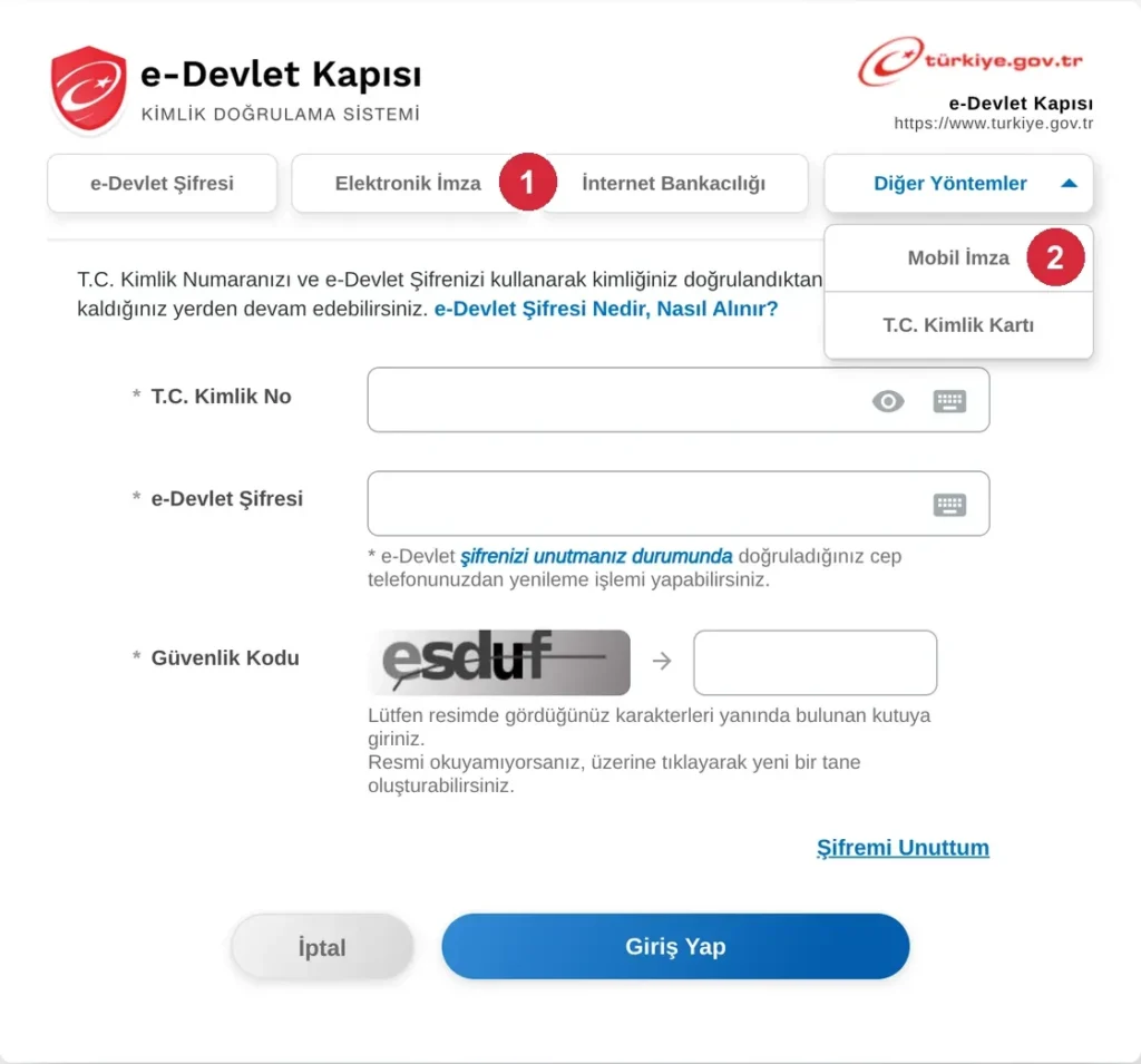 e-Devlet giriş sekmeleri, Diğer Yöntemler menüsü açık; işaretli: 1. Elektronik İmza, 2. Mobil İmza