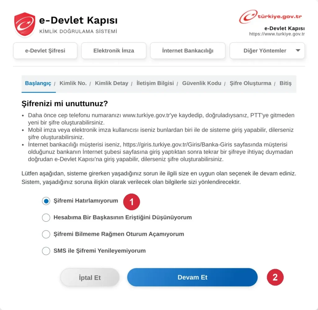e-Devlet Şifremi Unuttum sayfası; işaretli: 1. Şifremi Hatırlamıyorum seçeneği, 2. Devam Et düğmesi