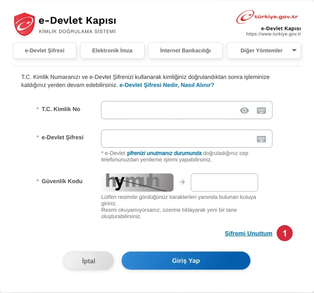e-Devlet giriş ekranı; işaretli: 1. şifre alanının altındaki Şifremi Unuttum bağlantısı