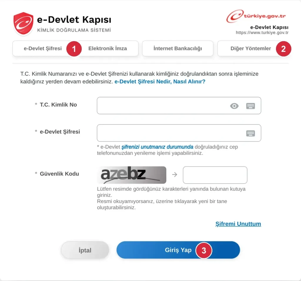 e-Devlet giriş sayfası; işaretli: 1. e-Devlet Şifresi sekmesi, 2. Diğer Yöntemler, 3. Giriş Yap düğmesi