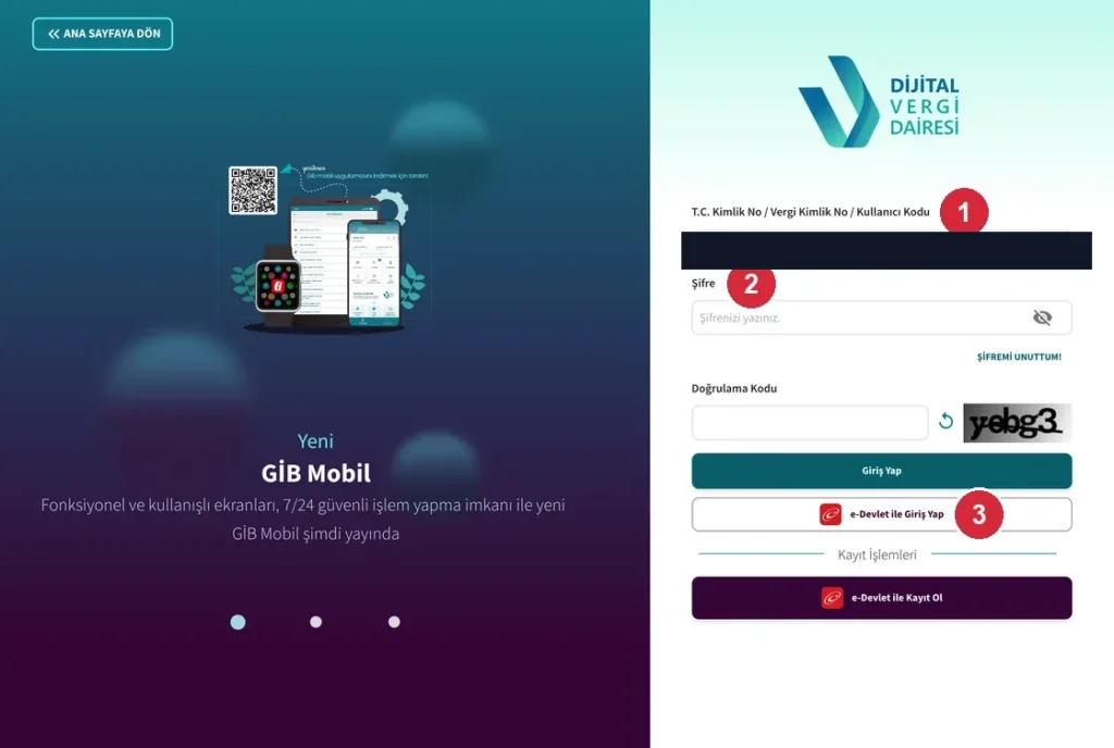 GİB Dijital Vergi Dairesi giriş sayfası; işaretli: 1. T.C. Kimlik No / Kullanıcı Kodu alanı, 2. Şifre alanı, 3. e-Devlet ile Giriş Yap düğmesi
