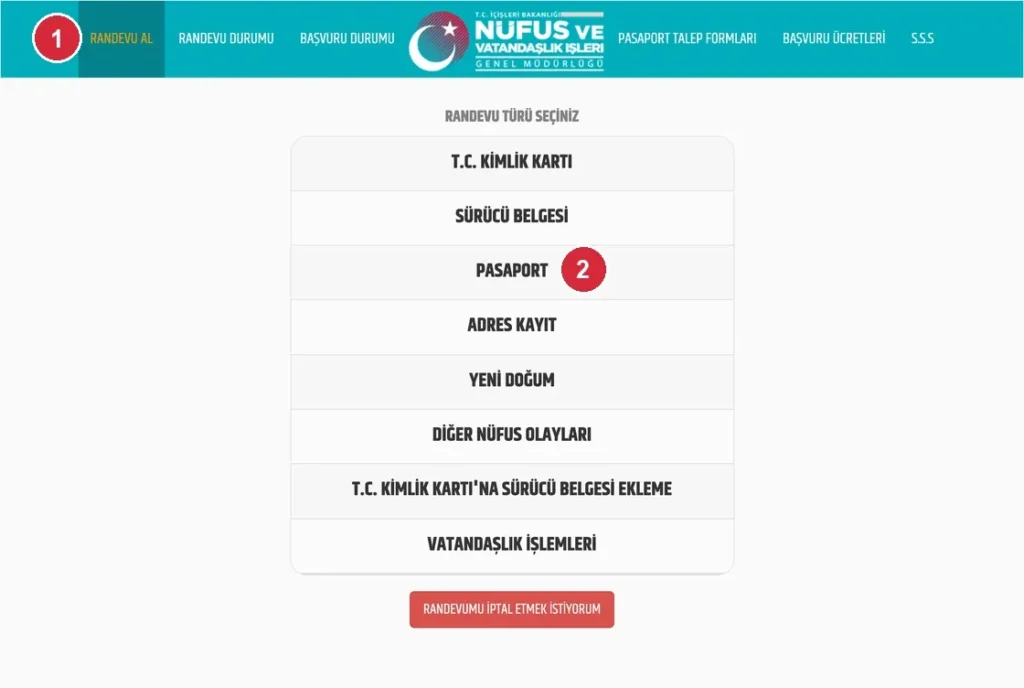 NVİ randevu sistemi başlangıç sayfası; işaretli: 1. RANDEVU AL menüsü, 2. PASAPORT işlem türü