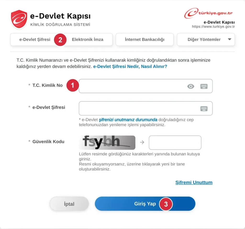e-Devlet şifre ile giriş formu; işaretli: 1. T.C. Kimlik No alanı, 2. e-Devlet Şifresi alanı, 3. Giriş Yap düğmesi