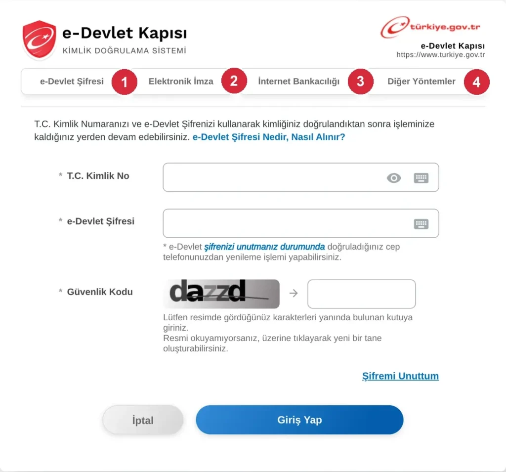 e-Devlet Kapısı giriş sayfası; işaretli: 1. e-Devlet Şifresi, 2. Elektronik İmza, 3. İnternet Bankacılığı, 4. Diğer Yöntemler sekmeleri