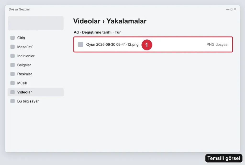 Temsili görsel (gerçek ekran görüntüsü değil): Windows Dosya Gezgini › Videolar › Yakalamalar ekranı; işaretli: 1. Oyun Çubuğu ile alınan görüntü