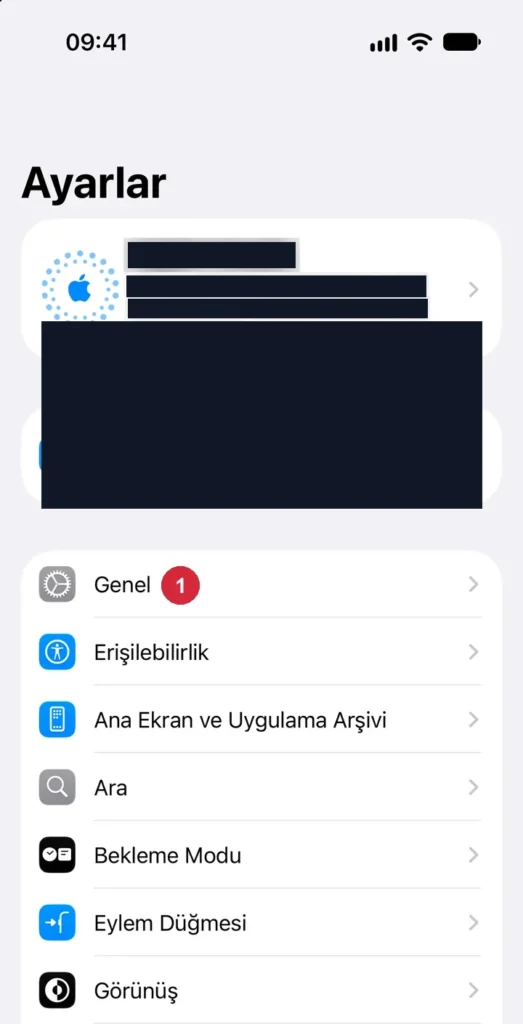 iPhone Ayarlar ekranı; işaretli: 1. Genel