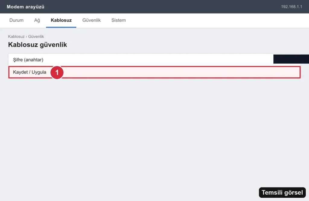 Temsili görsel (gerçek ekran görüntüsü değil): Cihaz Kablosuz › Güvenlik Ayarları › Kaydet ekranı; işaretli: 1. Kaydet / Uygula