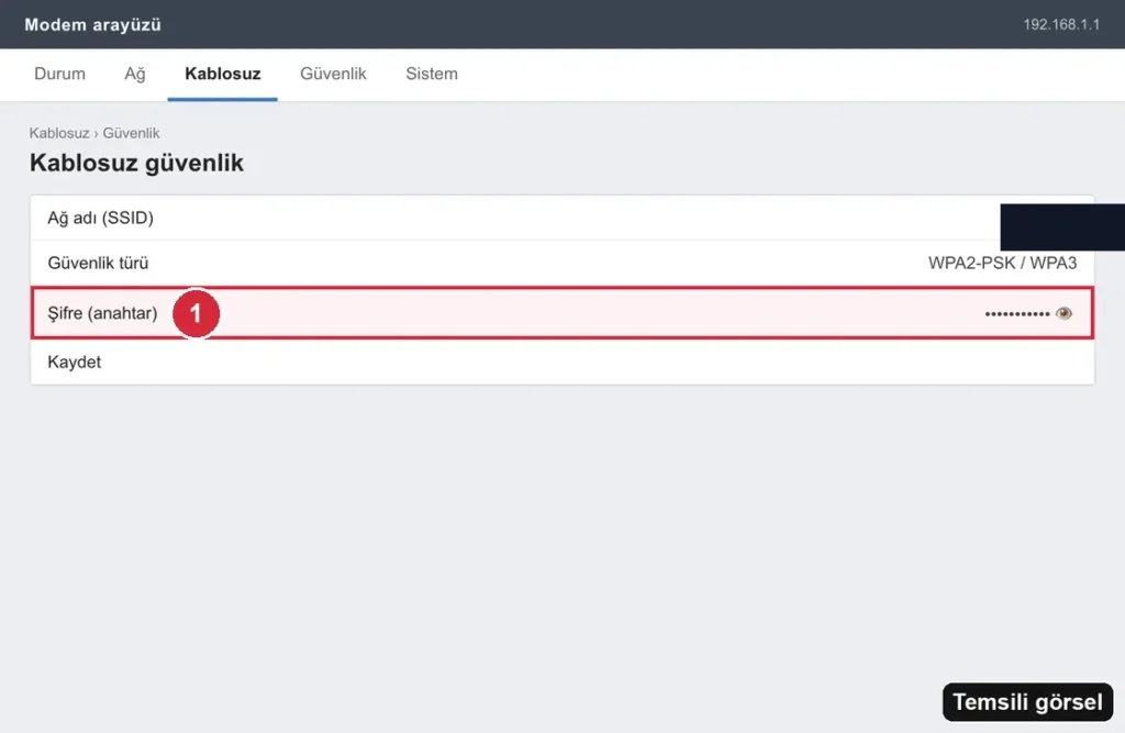 Temsili görsel (gerçek ekran görüntüsü değil): Cihaz Kablosuz › Güvenlik Ayarları ekranı; işaretli: 1. Wi-Fi şifresi alanı