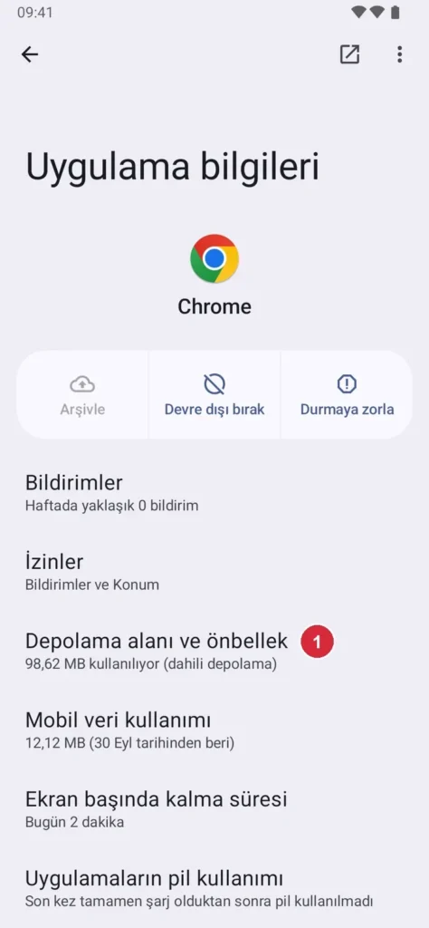 Android Ayarlar › Uygulamalar › Chrome ekranı; işaretli: 1. Depolama