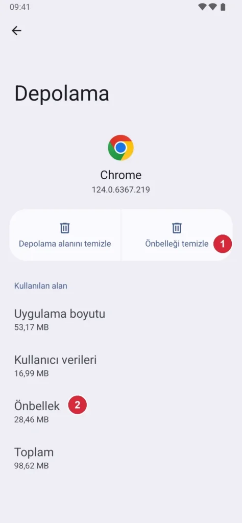 Android Ayarlar › Uygulamalar › Chrome › Depolama alanı ve önbellek ekranı; işaretli: 1. Önbelleği temizle, 2. Önbellek boyutu