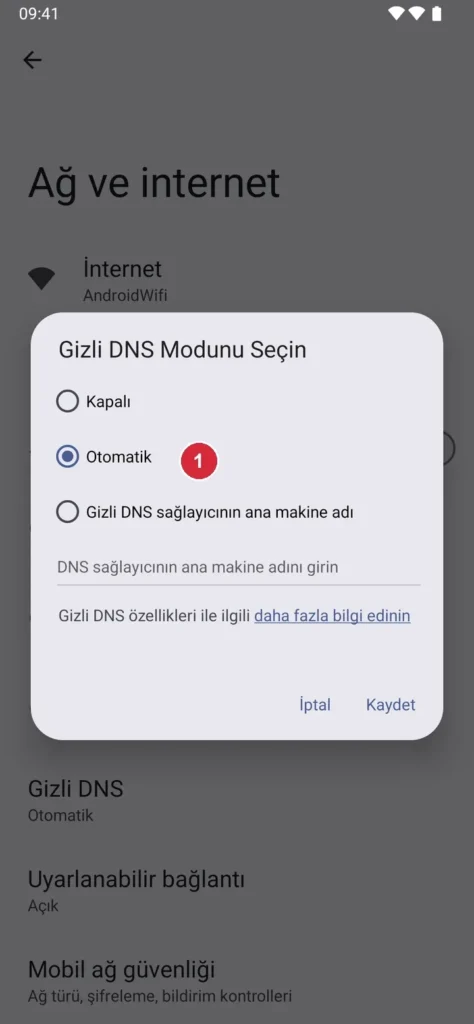 Android Ayarlar › Ağ ve internet › Gizli DNS ekranı; işaretli: 1. Otomatik