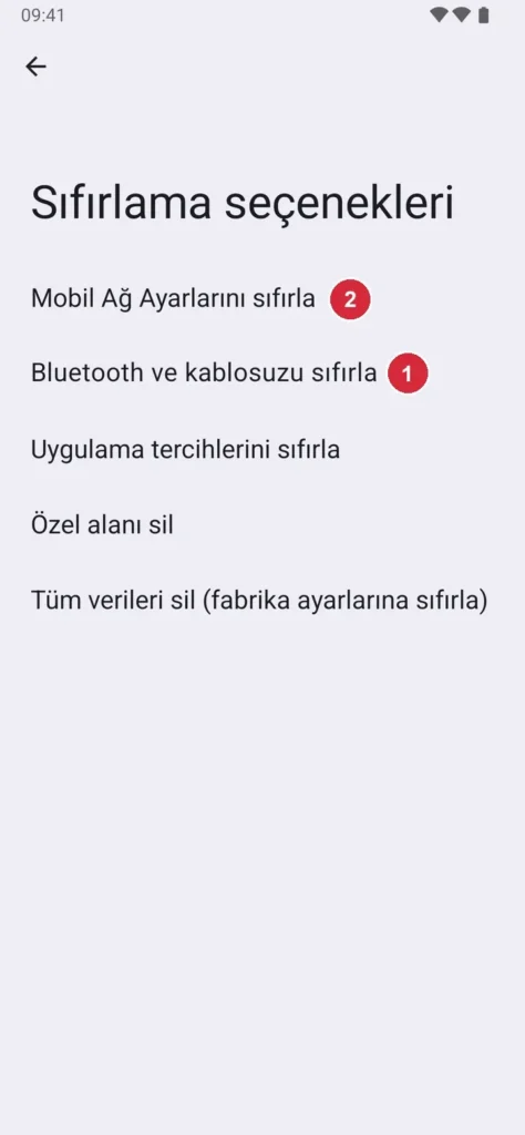 Android Ayarlar › Sistem › Sıfırlama seçenekleri ekranı; işaretli: 1. Wi-Fi ve Bluetooth'u sıfırla, 2. Mobil ağ ayarlarını sıfırla