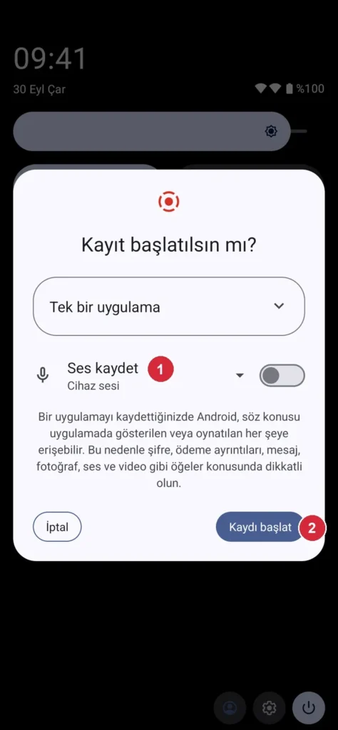 Android Hızlı Ayarlar › Ekran kaydı › Ses ayarları ekranı; işaretli: 1. Ses kaydı seçeneği, 2. Kaydı başlat