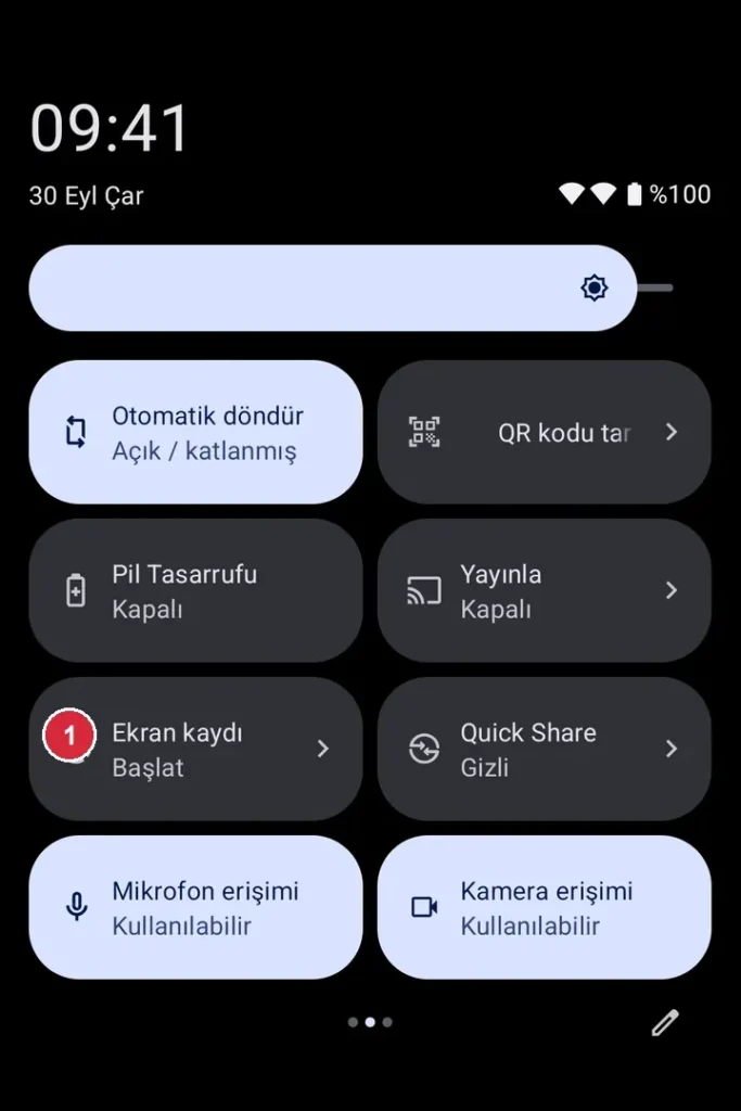 Android Hızlı Ayarlar ekranı; işaretli: 1. Ekran kaydı