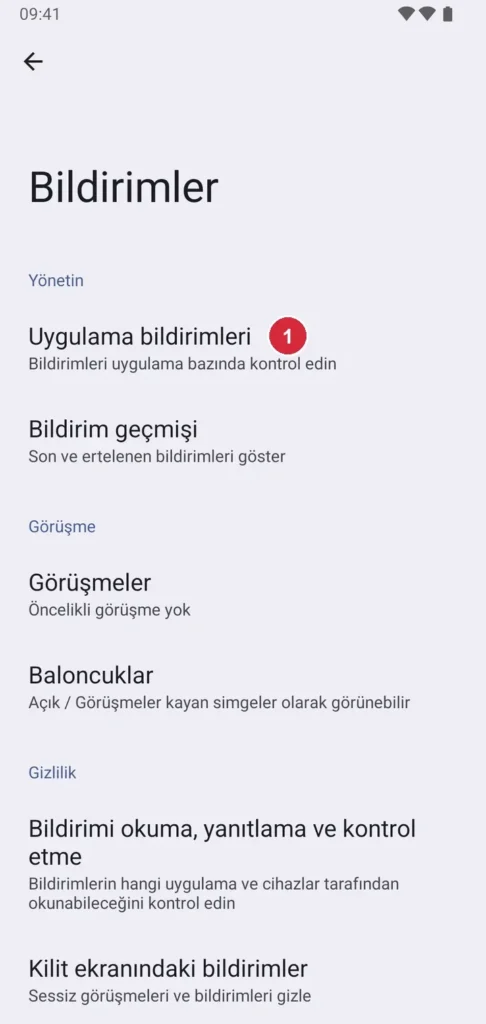 Android Ayarlar › Bildirimler ekranı; işaretli: 1. Uygulama bildirimleri