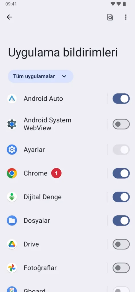 Android Ayarlar › Bildirimler › Uygulama bildirimleri ekranı; işaretli: 1. Bildirim gelmeyen uygulama