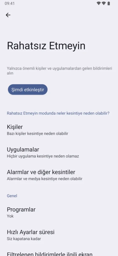 Android Ayarlar › Bildirimler › Rahatsız Etmeyin ekranı