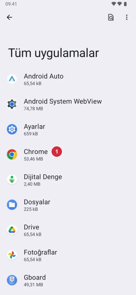 Android Ayarlar › Uygulamalar › Tüm uygulamalar ekranı; işaretli: 1. İlgili uygulama
