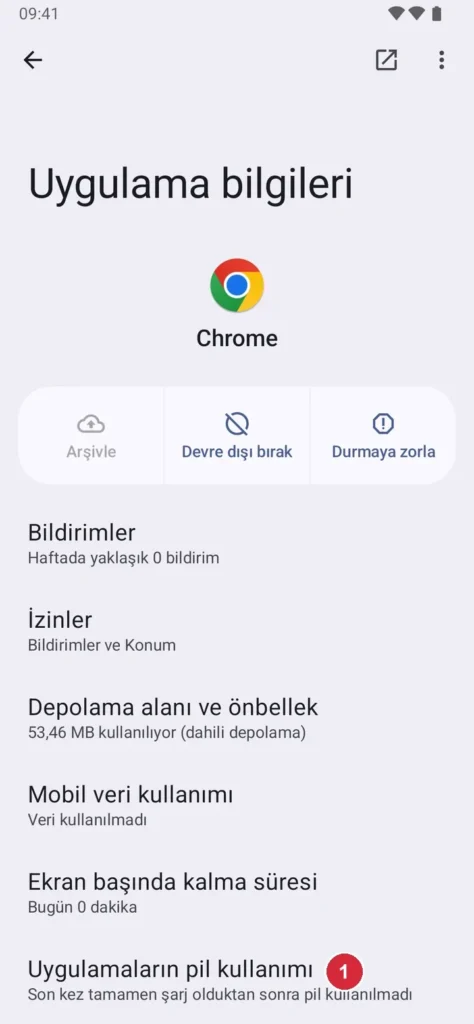 Android Ayarlar › Uygulamalar › Chrome ekranı; işaretli: 1. Pil kullanımı