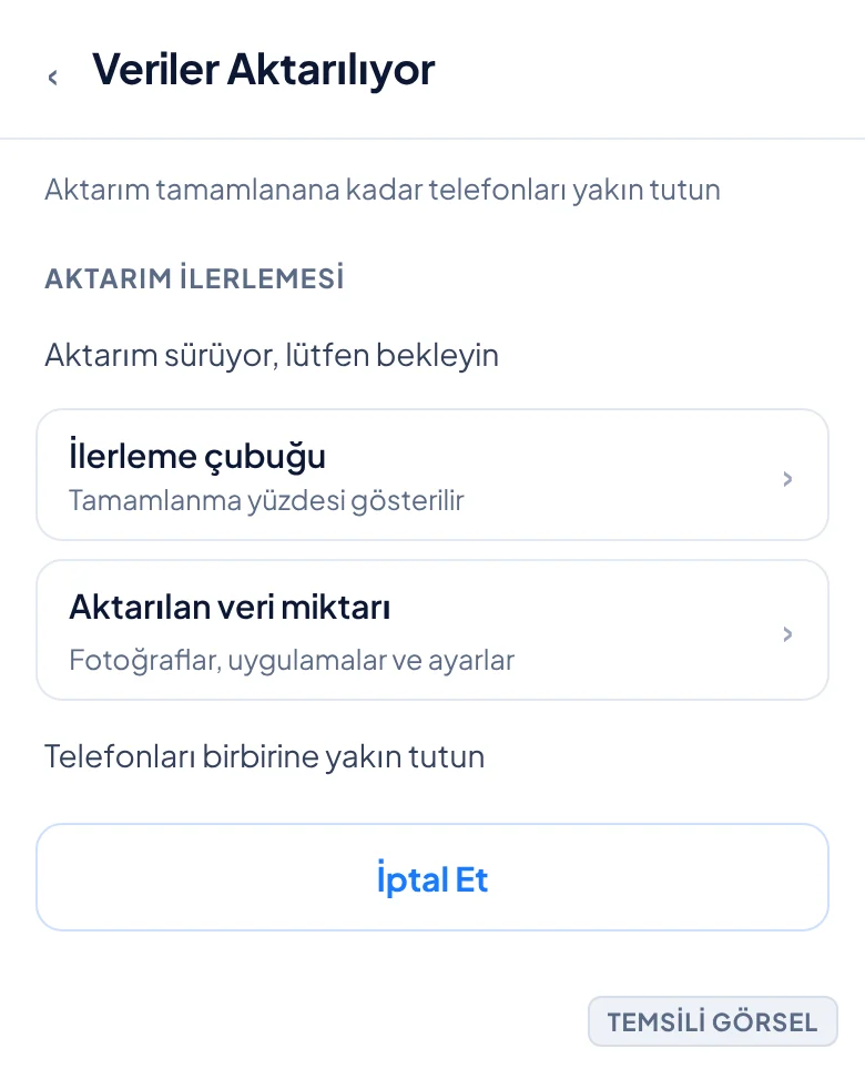 Temsili görsel: Android kurulum sihirbazında veri aktarım ilerleme ekranı; ortada bir ilerleme çubuğu ve altında aktarılan veri miktarını gösteren bir satır bulunuyor, alt kısımda telefonları yakın tu