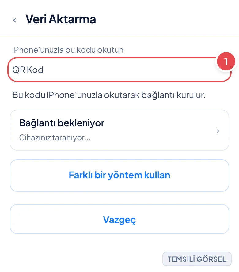 Temsili görsel: Android kurulum sihirbazında QR kod ekranı; ortada büyük bir QR kod, altında 'Bu kodu iPhone'unuzla okutarak bağlantı kurulur' yazısı, alt kısımda bağlantı bekleniyor durumu ve iki iki