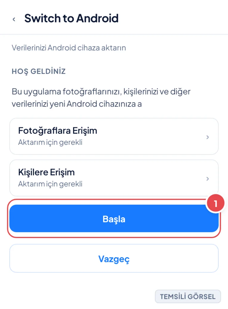 Temsili görsel: Switch to Android uygulaması ana ekranı; üstte hoş geldiniz başlığı, altında fotoğraf ve kişi erişimi gerektiğini belirten satırlar, en altta Başla ve Vazgeç düğmeleri bulunuyor; işare