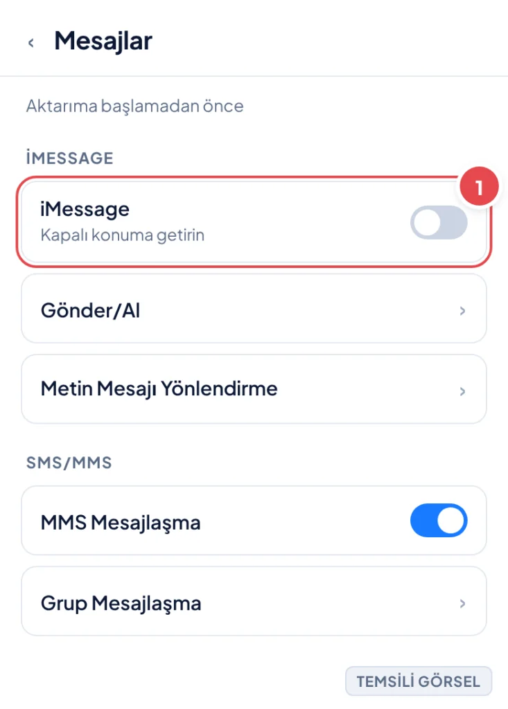 Temsili görsel: iPhone Ayarlar > Mesajlar ekranı; işaretli: 1. iMessage anahtarı kapalı konuma getirilmiş