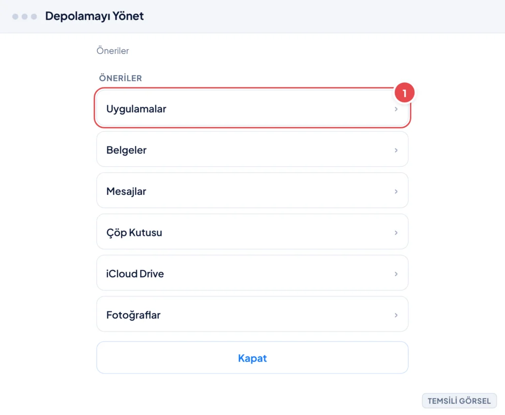 Temsili görsel: macOS Depolamayı Yönet ekranı; sol tarafta kategori listesi (Uygulamalar, Belgeler, Mesajlar, Çöp Kutusu, iCloud Drive, Fotoğraflar), sağ üstte Öneriler bölümü görünür; işaretli: 1. Uy