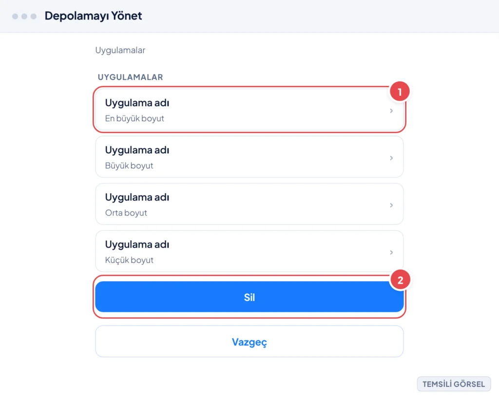 Temsili görsel: macOS Depolamayı Yönet > Uygulamalar ekranı; uygulamalar listesi boyuta göre sıralanmış, en büyük uygulama seçili görünüyor, altta Sil ve Vazgeç butonları yer alıyor; işaretli: 1. En b