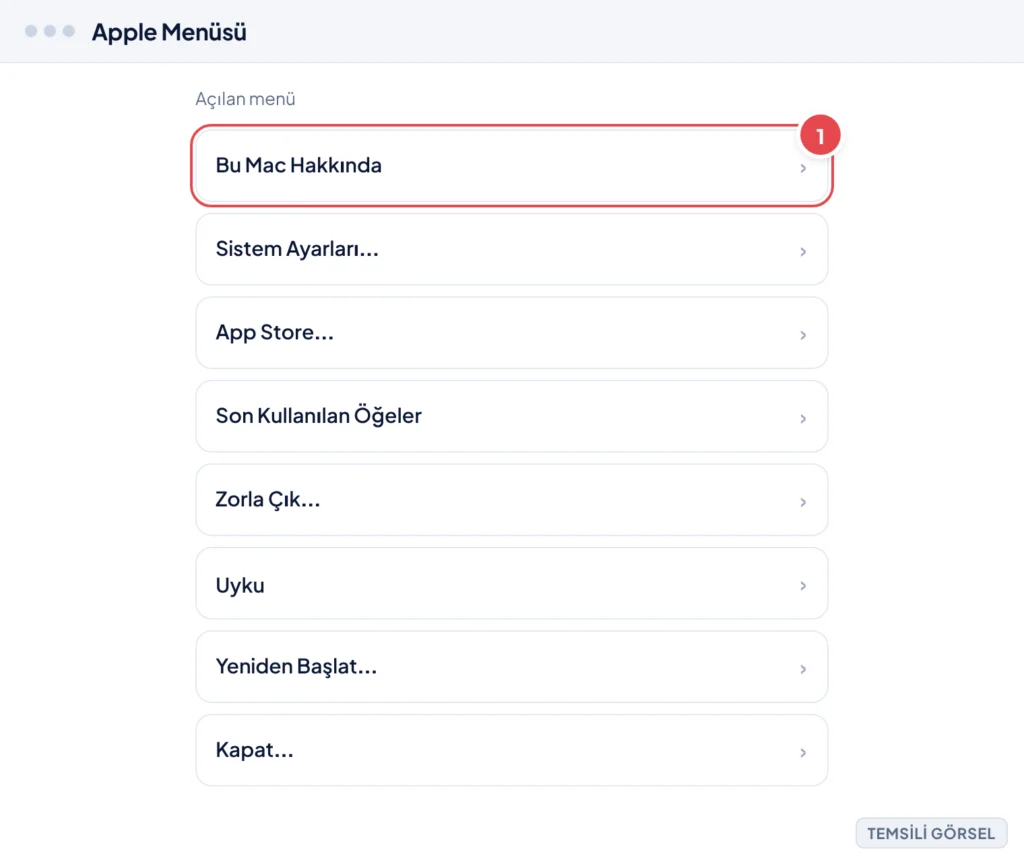 Temsili görsel: macOS Apple menüsü açık; menüde çeşitli seçenekler listelenmiş. İşaretli: 1. Bu Mac Hakkında seçeneği.
