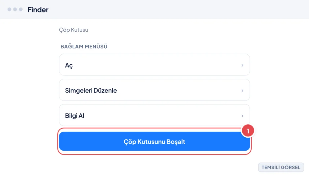 Temsili görsel: macOS Finder ekranında Çöp Kutusu simgesine sağ tıklanmış, açılan bağlam menüsünde Aç, Simgeleri Düzenle, Bilgi Al seçenekleri ve vurgulu Çöp Kutusunu Boşalt seçeneği görünüyor; işaret
