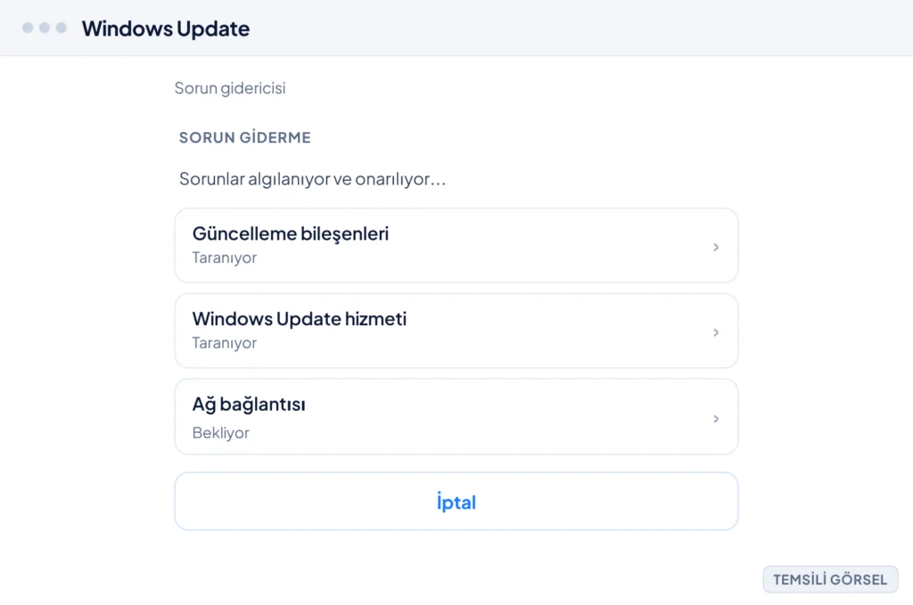 Temsili görsel: Windows Update sorun gidericisinin tarama ekranı; ortada dönen bir ilerleme göstergesi ve 'Sorunlar algılanıyor ve onarılıyor…' yazısı, altında sırayla taranan bileşenlerin listesi (gü