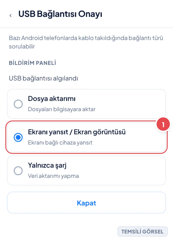 Temsili görsel: Telefonun bildirim panelinde açılan USB bağlantısı onayı ekranı; üstte 'USB bağlantısı algılandı' yazısı ve altında 'Dosya aktarımı', 'Ekranı yansıt / Ekran görüntüsü', 'Yalnızca şarj'