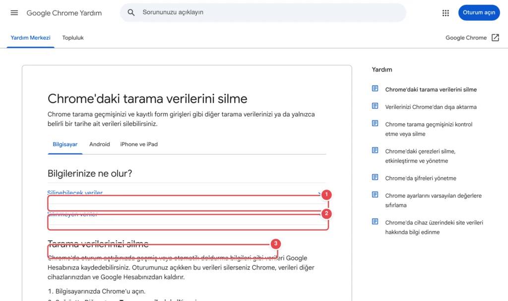 Görselde Chrome Yardım Merkezi'nin 'Chrome'daki tarama verilerini silme' sayfası görünüyor; anlatılan açılır pencere (Tarama verilerini temizle) değil, konuyla ilgili yardım makalesi gösteriliyor. İşa