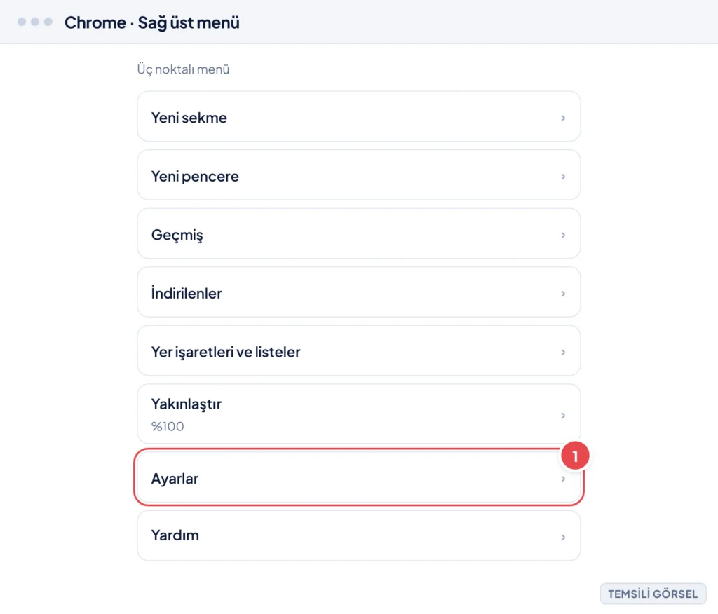 Temsili görsel: Chrome tarayıcısının sağ üst köşesindeki üç noktalı menü açık hâlde gösteriliyor; menüde çeşitli seçenekler arasında Ayarlar satırı bulunuyor. İşaretli: 1. Ayarlar seçeneği.