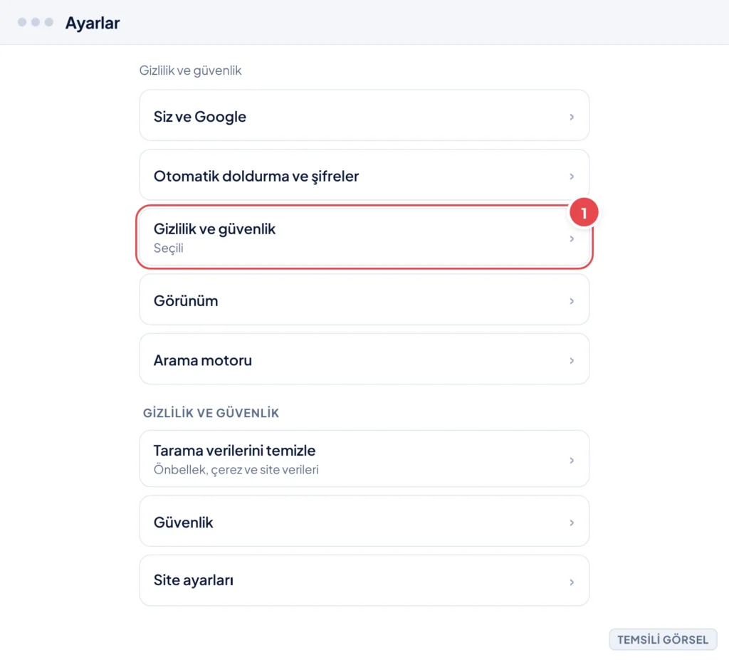 Temsili görsel: Ayarlar ekranı, sol menüde Gizlilik ve güvenlik seçili, sağda Tarama verilerini temizle satırı görünüyor; işaretli: 1. Gizlilik ve güvenlik menü öğesi