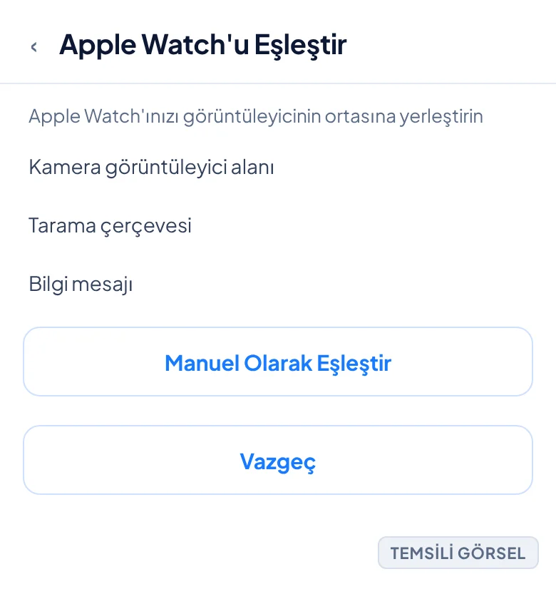 Temsili görsel: iPhone kamerasının Apple Watch ekranındaki deseni taradığı eşleştirme ekranı; ortada tarama çerçevesi ve alt kısımda manuel eşleştirme ile vazgeç seçenekleri bulunuyor; işaretli öğe yo