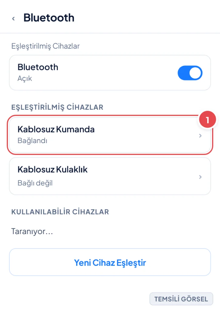 Temsili görsel: Android Bluetooth ayarları ekranı; Eşleştirilmiş Cihazlar listesinde kumanda 'Bağlandı' durumunda görünüyor; işaretli: 1. Kablosuz Kumanda satırı