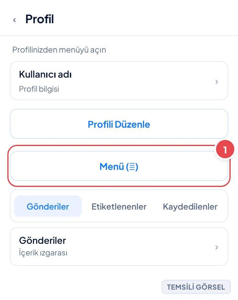Temsili görsel: Instagram profil ekranı; sağ üstte üç çizgili menü simgesi belirgin şekilde gösteriliyor; işaretli: 1. Menü (☰) simgesi