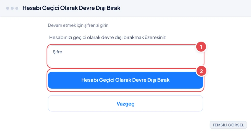 Temsili görsel: Instagram web hesap devre dışı bırakma onay ekranı; işaretli: 1. Şifre giriş alanı, 2. Hesabı Geçici Olarak Devre Dışı Bırak butonu